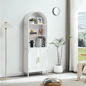 Arched Bookcase Book Shelf with Doors, 5 Tier Display Bookshelf Tall Cabinet with Storage, Industrial Floor Standing Bookshelves Open bookcases for Home Office, Living Room(White)
