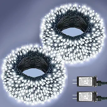 2 Pack Christmas Lights Outdoor, Total 200FT 600LED String Lights for Outside with 8 Modes Waterproof, Green Wire Fairy Twinkle Lights for Indoor House Patio Yard Party Holiday Decorations, White
