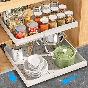DOMNIU 2 Pack Pull Out Cabinet Organizers Expandable, Plastic Slide Out Drawers for Kitchen, Bathroom, Pantry, Under Sink Storage, Pull Out Drawers Fixed with Adhesive Nano Film (White, 11.6''-17.5'')