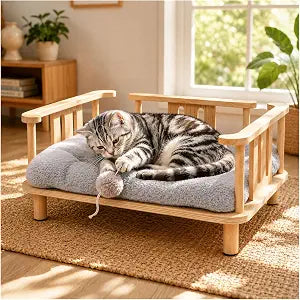 Summark Elevated Cat Couch & Dog Sofa, Solid Wood Raised Pet Bed with Machine Washable Plush Mattress, Indoor Cat Furniture for Cats & Small Dogs, Supports Up to 60 lbs