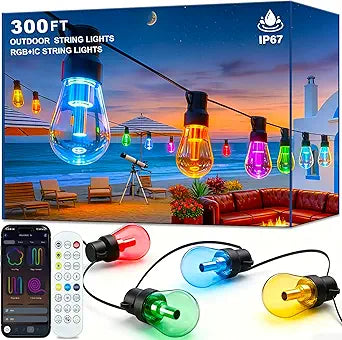 300FT RGB+IC Outdoor String Lights, Dimmable Shatterproof LED Bulbs, IP67 Waterproof DreamColor Chasing Lights, Multicolor Dynamic Lighting for Patio Balcony Garden & Outdoor Living Area Decoration