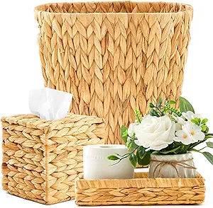 Teenyyou 3 Pcs Wicker Bathroom Accessories Set Trash Can Tissue Box Cover and Rattan Vanity Tray, Handwoven Natural Boho Farmhouse Decor for Bedroom Countertop Toilet Tank Bedroom Guest Bath