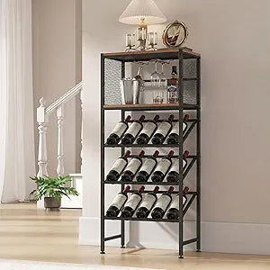 Corner Wine Rack with Glass Holder and Storage Shelves, Stylish Free Standing Floor Wine Bar Cabinet for Home,3-Tier Wine Rack Freestanding Floor