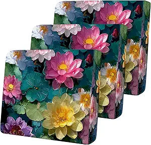 Water Lily Floral Seat Cushion Cover Set, Oil-Painting Style Sofa Cushion Slipcover, Stretch Couch Seat Protector with Elastic Bottom, Furniture Cover for Home Dcor,3PC