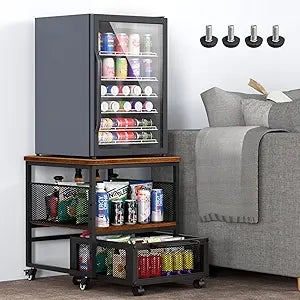 21x21in Mini Fridge Stand with Storage, Heavy Duty Mini Fridge Table with 4 Lockable Wheels for Coffee Bar 220LBS Compact Beverage Refrigerator Stand Cabinet Dorm Fridge Cart for Office Home (Brown)