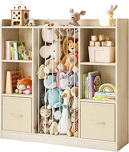 EXPERLAM 4-in-1 Toy Storage Organizer with Stuffed Animal Storage, Solid Pine Kids Bookshelf and Toy Shelf, 6 Cube Shelf with 2 Removable Drawers, Stuffed Animal Zoo for Kids Room, Playroom, Nursery
