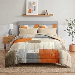 Pamnest Comforter Set Queen Size, Beige Grey Abstract Painting 7 Pcs Bedding for Kids and Adults, Orange Gray Contemporary Bed Sheet Sets with Fitted Sheet 2 Pillowcase & 2 Sham for Bedroom Bed Decor
