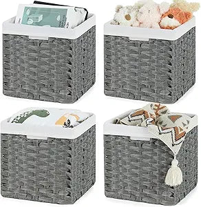 Bidtakay Wicker Storage Baskets for Organizing 4-Pack Hand-Woven Imitation Dark Grey Wicker Cube Storage Bins with Liners for Shelves Closet Cabinet 11x11 Waterproof Cube Organizer for Pantry