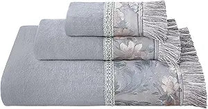 Loom and Mill Luxury Cotton Bath Towel Set 3 Piece-1 Bath Towel 1 Hand Towel 1 Wash Cloth, Ultra Soft Decorative Towel Sets Highly Absorbent for Bathroom, Elegant Floral Design & Quick Dry(Grey)