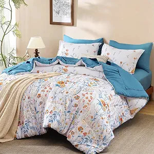 Teal Floral Comforter Set Full Size,7 Piece Cute Light Blue Bedding Women