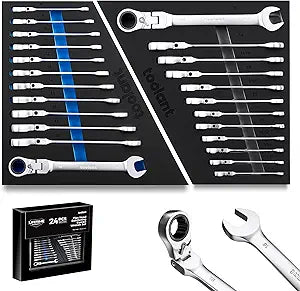 toolant 24pcs Ratcheting Wrench Set, Flex-Head Ratchet Combination Wrench Sets with Switch Design, 8-19mm & 1/4"-7/8", 90-Tooth and 4Swing, 24PCS with Storage Tray