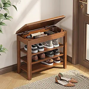 IUNVR Shoe Rack Bench Seat Rubberwood 3-Tier Wooden Storage Bench 550lbs Compact Mid-Century Modern Design for Entryway, Hallway, Closet, Front Door Entrance, Foyer