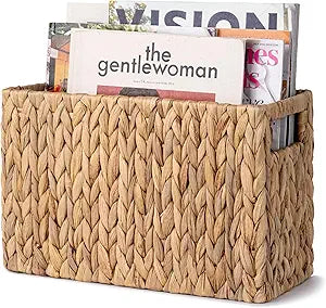 StorageWorks Hand-Woven Magazine Holder, Magazine Wicker Basket for Bathroom, Office, Rattan Magazine Holder, Natural Water Hyacinth, 1 Pack
