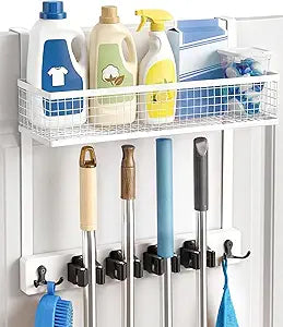 Lorbro Over the Door Broom Holder with Cleaning Supply Organizer, Wooden Mop and Broom Holder Wall Mount, 4 Grips, 4 Hooks, No-Drill Storage Rack, Mop Hanger for Laundry Room, Garage, Storage