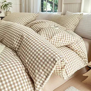 LifeTB Tan Gingham Comforter Set California King 3 Pieces Modern Plaid Comforter Set Beige Grid Comforter with 2 Pillowcases Soft Fluffy Checkered Grid Pattern Gingham Bedding Set for All Seasons