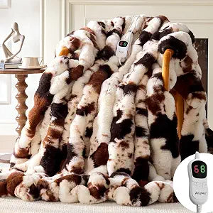 Anysay Heated Blanket Throw with 1/2/4/6/8 Hours Auto-Off 10 Heat Level, 50'' * 60'' Cozy Faux Rabbit Fur Bubble Electric Blanket with Overheat Protection(Brown Cow)