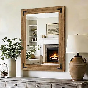 AMOISE Farmhouse Bathroom Vanity Mirror, 32" x 24" Wood Frame Wall Mirror, Vintage Rustic Decor for Entryway, Bedroom, Living Room, Vertical or Horizontal Hanging