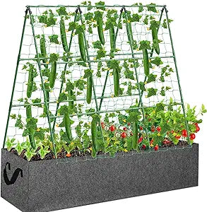 Cucumber Trellis with 46 Gallon Grows Bag, 50 x 54 Inches A Frame Outdoor Greenhouse Trellis and Fabric Raised Bed, Climbing Net and Plant Support Clips for Bean Climbing Plants