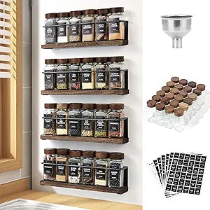 Wooden Lid Magnetic Spice Rack with 24 Jars, 216 Labels, 1 Steel Funnel for RefrigeratorMicrowave Oven - Full Set of Spice Organizer