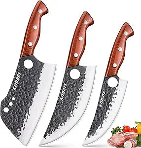 3PCS Hand Forged Butcher Knife Set, Razor Sharp Meat Cleaver & Boning Knives for Meat & Bone Cutting, Kitchen Knives for Cooking BBQ, Gift for Men & Women