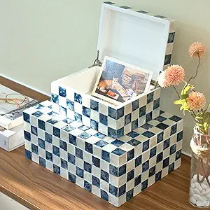 Chi An Home 12", 8" Capiz Decorative Boxes with Lids, Capiz Shells Checkered Decorative Storage Boxes for Home Dcor, Memory Box Keepsake Box for Photos, Letters, Accessories, Set of 2 (Navy Blue)