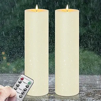 4" x 14" Flameless LED Waterproof Remote Pillar Candles, Timer Battery Operated Flickering Large Plastic Ivory Outdoor Candles (Long Lasting 420 Hours, Pack of 2)