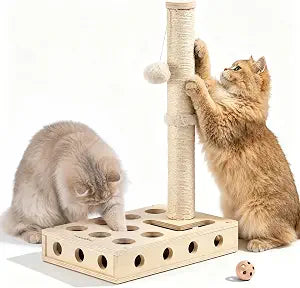 FUKUMARU Cat Scratching Post, Wood Cat Tree Tower with Interactive Box | 3 in 1 Cat Scratcher Toy with Enrichment Box, Natural Sisal Cat Scratching for Indoor Cats Nail File, Forage and Play