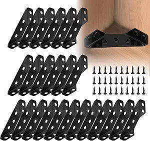 24 Pcs Black Universal Stainless Steel Furniture Corner Connector With 168 Screws, Trapeziform Brackets, Angle Brace for Wood Shelves, Chair Drawer Cabinet Tables