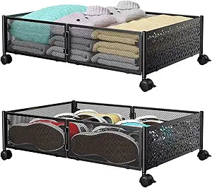 Under Bed Storage Containers with Wheels, Under Bed Shoe Storage Organizer Drawer, Tool-free Assembly Metal Storage Containers for Bedroom Clothes Shoes Blankets -2PCK