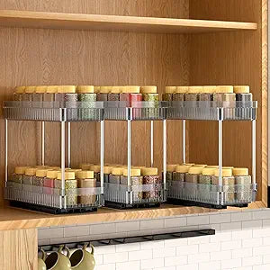 DABIGE 3 Pack Pull Out Spice Rack Organizer for Cabinet, 2 Tier Slide Out Spice Racks Organizer, Spice Cabinet Organizers, Cabinet Size Need:12'' High x 11'' Deep x 5'' Wide, Clear Acrylic