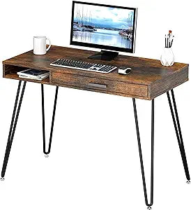 SHW Home Office Computer Hairpin Leg Desk with Drawer, Rustic Brown