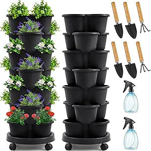 Umigy 2 Set Black 7 Tier Stackable Vertical Planters with Removable Wheels and Tools Tower Planters Strawberry Herb Flower Vegetable Pots Indoor Outdoor Gardening Pots