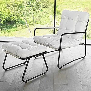 SEEHHILL Patio Accent Chair with Ottoman, Outdoor Lounge Chair and Footrest with Padded Cushion, 2-Piece Modern Metal Outdoor Patio Chair Set with Footstool for Living Room, Porch, Bedroom, Off-White