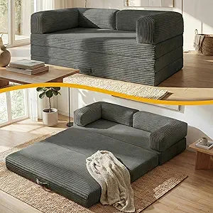 Erament Convertible Sofa Bed, Tri-Folding Mattress Queen, Tri Fold Futon Sofa Bed Foldable with Removable Armrests & Washable Cover, Small Pull Out Couch Bed with High-Density Foam, Grey