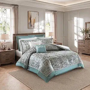 Luxury Jacquard Comforter Set 8-Piece King Size Bedding Set, Elegant Damask Design with Bed Skirt & Decorative Pillows, All Season Comfort, Teal