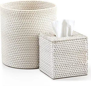 Teenyyou White 2 Pcs Rattan Trash Can & Square Tissue Box Cover, Rattan Hand Woven Basket Set Wicker Bathroom Accessories for Bedroom Kitchen Office Organizer