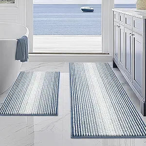 BSICPRO Bathroom Rugs and Mats Sets, 2 Piece Thick Absorbent Chenille Non Slip, Soft Shaggy Floor Mats, Machine Washable (Fog Blue, 20" x 47" Plus 16" x 24")