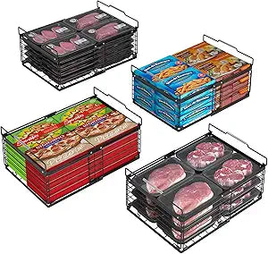 ADRIMER Freezer Organizer Bins, 4 Packs Foldable & Stackable Chest Freezer Organizer Bins with Adjustable Length 11-17.3", Metal Wire Storage Baskets for Upright Freezer, Deep Freezer, Pantry, Black