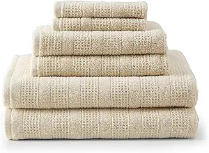 Martha Stewart - Bath Towels, Soft & Absorbent 100% Cotton Towels, Solid 500 GSM, 6-Piece Bathroom Towel Set with Textured Weave (Bedford Cottage Beige)