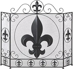 Zingz & Thingz 3 Panel Decorative Iron and Mesh Metal Fireplace Screen, Fleur de Lis, 25.75x7.875x33