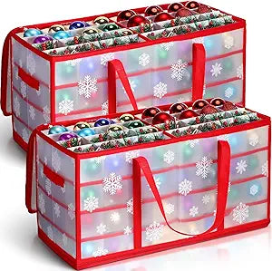 Hosuly 2 Pcs Plastic Christmas Ornaments Storage Box with Dividers, Zippers, 8 Trays,128 Slots, Christmas Storage Containers Xmas Ornaments Organizer for Holiday Balls Ornaments(Snowflake)