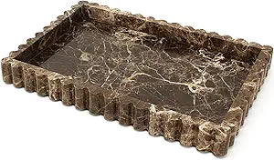 YMXYJM Natural Marble Tray for Bathroom, Real Stone Decorative Vanity Tray with Fluted Edge, Large Marble Serving Storage Tray for Kitchen Counter, Dresser, Home Decor, 11.8" x 8", Dark Brown