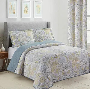 All American Collection New 3pc Yellow/Grey Paisley Printed Reversible Bedspread/Quilt Set Matching Curtains Available (Full/Queen Size, Yellow & Grey)