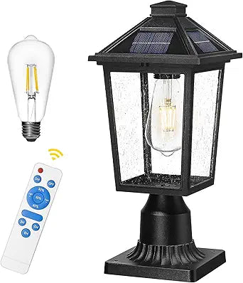 Solar Lamp Post Light, HWH Dusk to Dawn Outdoor Post Light Fixtures with Pier Mount Base, 2700K Exterior Pillar Lantern Pole Lamp Remote Control, Black Finish with Seeded Glass, 5HX64P-SL BK
