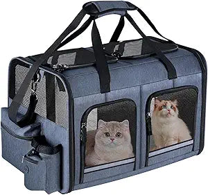 Cat Carrier for 2 Cats, Foldable Double Cat and Dog Carrier, Small to Medium Size, 2 Front Zippered Compartments,Two Pets Carrier for Outdoor Travel,Mulitple Cat Carrier, Grey