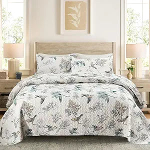 DURLENGEN Birds & Floral 100% Cotton King Quilt 3Pcs,Reversible Birds & Flowers Pattern,Luxury Lightweight Coverlet Sets for All Season(King 106x96,Birds & Floral)