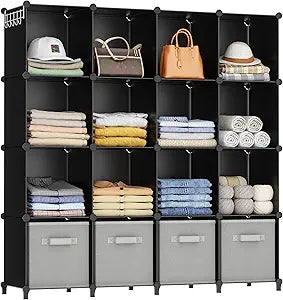 HOMIDEC Closet Organizers and Storage, 16 Cube Storage Organizer, Closet Organizer Bookshelf Cubes Shelves for Clothes, Bedroom, Kids Room, Bathroom, Wardrobe, Garment Racks, Black