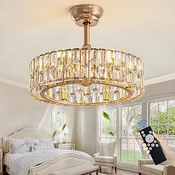 Siljoy 20'' Gold Caged Crystal Ceiling Fan with Light, Modern Bladeless Chandelier Fan with Remote, 6 Speeds, Noiseless DC Motor, Enclosed Fandelier for Living Room Bedroom Nursery