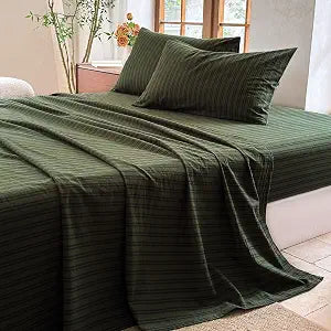 Striped Bedding Sheet Set 4 Pcs,100% Washed Cotton Linen Like,1 Fitted Sheet,1 Flat Sheet and 2 Pillowcases,Comfy Textured Sheet Set(Strip-Olive Green/Black,Queen)