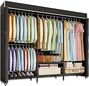 Higeego H8 Garment Rack with Cover, Portable Closet for Hanging Clothes, Heavy Duty Clothes Rack Wardrobe Closet Organizer and Storage, Black Clothing Rack Shelf with Black Fabric Cover